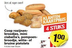 coop rozijnenbroodjes mini ciabatta s pompoenbroodje witte of bruine pistolets