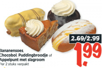 bananensoes chocobol puddingbroodje of appelpunt met slagroom