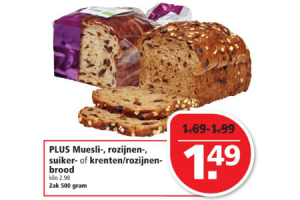 plus muesli  rozijnen  suiker  of krentenrozijnenbrood