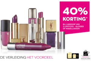 40 korting bij aankoop van 2 lipsticks  glossen en nagellakken