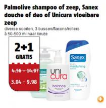 palmolive shampoo of zeep sanex douche of deo of unicura vloeibare zeep