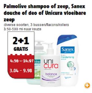 palmolive shampoo of zeep sanex douche of deo of unicura vloeibare zeep