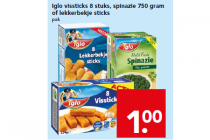 iglo vissticks 8 stuks spinazie 750 gram of lekkerbekje sticks