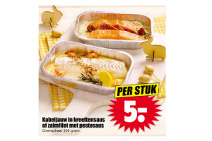 kabeljauw in kreeftensaus of zalm met pestosaus