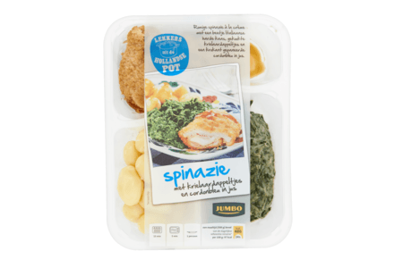 jumbo spinazie met krielaardappeltjes en cordonbleu in jus